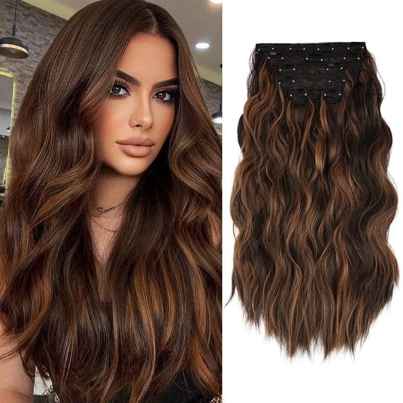 WECAN Clip in Long Wavy Synthetic Hair Extension 20 Inch 6pcs Auburn  Chestnut Thick Hairpieces Fiber Double Weft Hair for Women