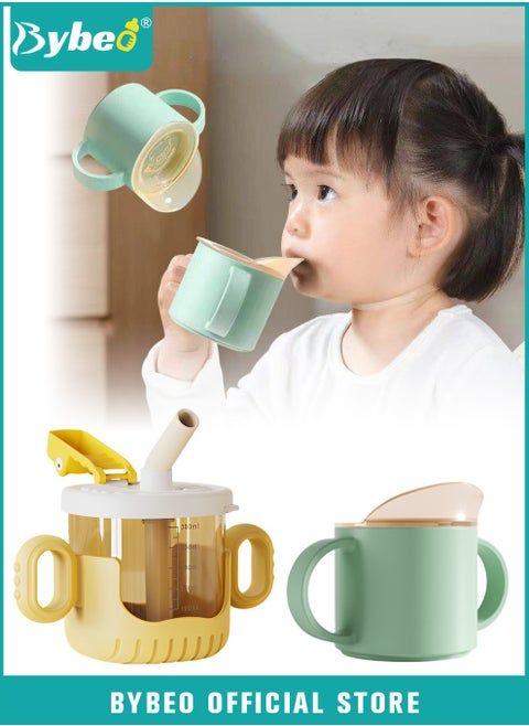 2PCS Baby Sippy Cup with Straw, Silicone Straw Cup + Trainer Cup with Deflector Cap for Boys Girls, Spill Proof Sippy Cups with Double Handles for Easy Grip, 150ml+300ml, Mudou Green and Yellow.