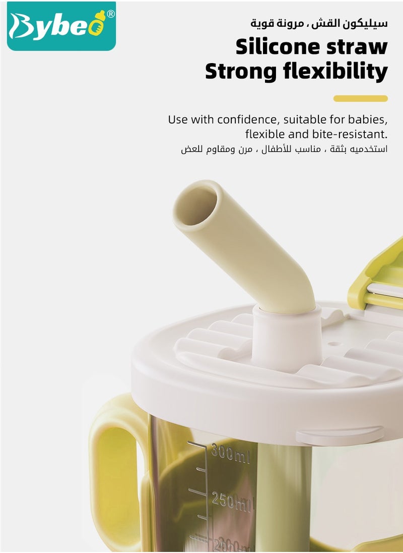 Bybeo - 2PCS Baby Sippy Cup with Straw, Silicone Straw Cup + Trainer Cup with Deflector Cap for Boys Girls, Spill Proof Sippy Cups with Double Handles for Easy Grip, 150ml+300ml, Mudou Green and Yellow. - Image 1
