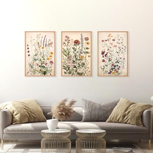 Ausril Vintage Wildflower Watercolor Framed Canvas Wall Art Set Retro Flower Botanical Wall Decor Colorful Floral Wall Painting Flower Illustration Art Prints for Living Room Bedroom 16x24x3 - Image 3