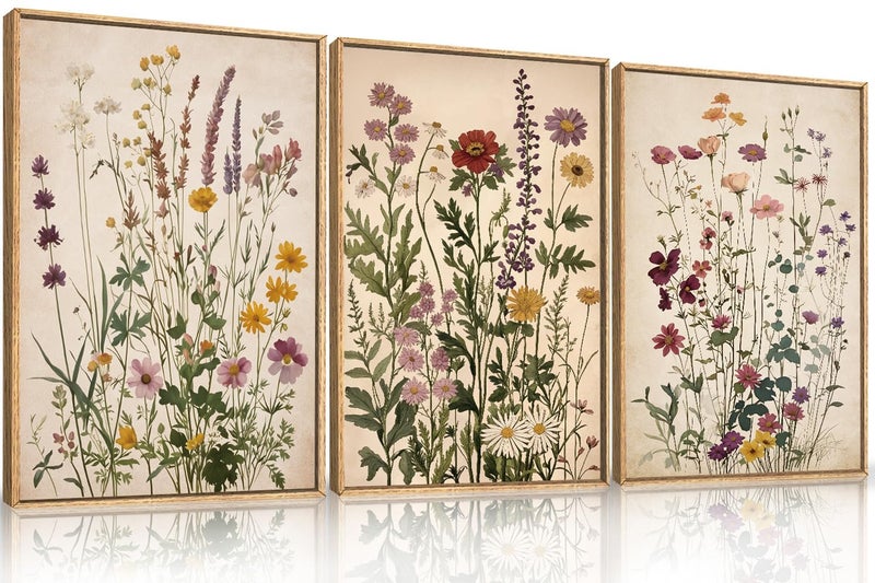 Ausril Vintage Wildflower Watercolor Framed Canvas Wall Art Set Retro Flower Botanical Wall Decor Colorful Floral Wall Painting Flower Illustration Art Prints for Living Room Bedroom 16x24x3 - Image 2