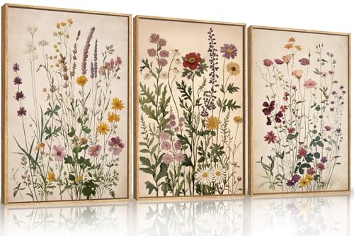 Ausril Vintage Wildflower Watercolor Framed Canvas Wall Art Set Retro Flower Botanical Wall Decor Colorful Floral Wall Painting Flower Illustration Art Prints for Living Room Bedroom 16x24x3 - Image 1