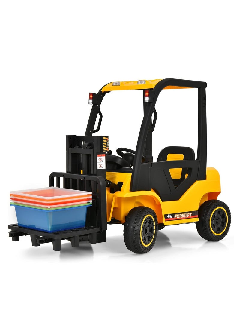 رافعة شوكية للأطفال - سيارة ركوب رافعة شوكية للأطفال بقوة 12 فولت، سيارة كهربائية مرخصة تعمل بالبطارية من JCB مع شوكة قابلة للرفع، وجهاز تحكم عن بعد، وحزام أمان، ونظام تعليق زنبركي، باللون الأصفر - Image 1