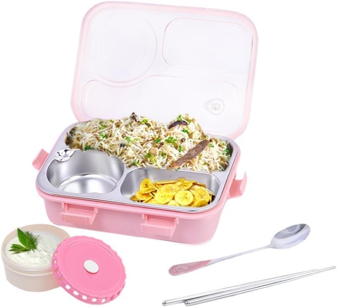 3 COMPARTMENT STAINLESS STEEL LUNCH BOX WITH SOUP BOWL UTENSILS IDEAL FOR KIDS SCHOOL OFFICE ECOFRIENDLY TIFFIN BOX FOR BALANCED MEALS FOR MEN AND WOMEN PINK 3 COMAPRTMENT