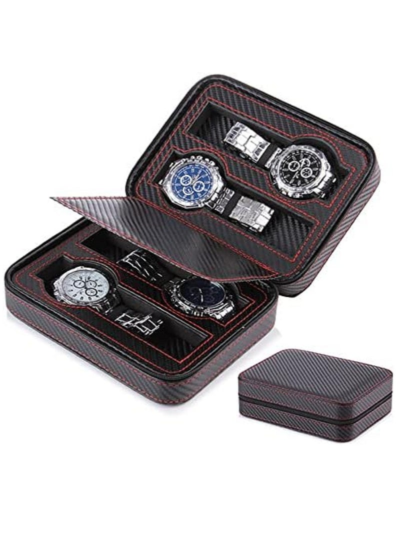 صندوق ساعة من الجلد وألياف الكربون مكون من 4 فتحات - Image 1
