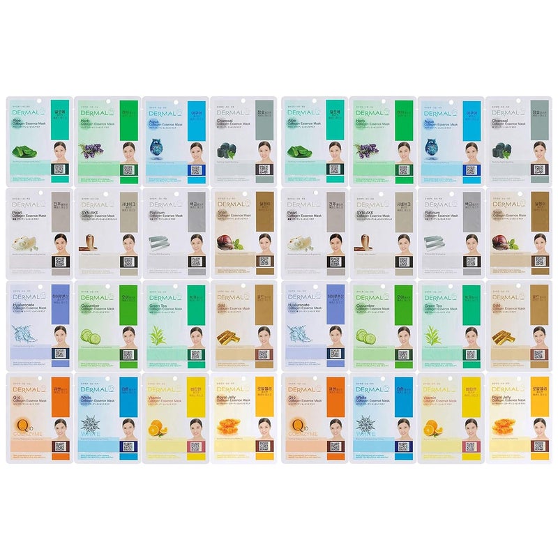 باقة ديرمال 32 من قناع الوجه الكوري بتركيبة الكولاجين - قناع مرطب ومهدئ مع بانثينول - قناع ورقي للعناية الذاتية مضاد للحساسية لجميع أنواع البشرة - أقنعة علاج سبا طبيعية في المنزل