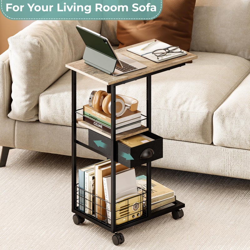 Sonyabecca Rolling C Shaped Side Table with Storage Drawer, Ivory Portable Desk on Wheels, Bedside Table for Sofa Couch & Bed, Small Overbed Laptop Desk, Mobile Coffee End Table for Bedroom Living Room Dorm - Image 5