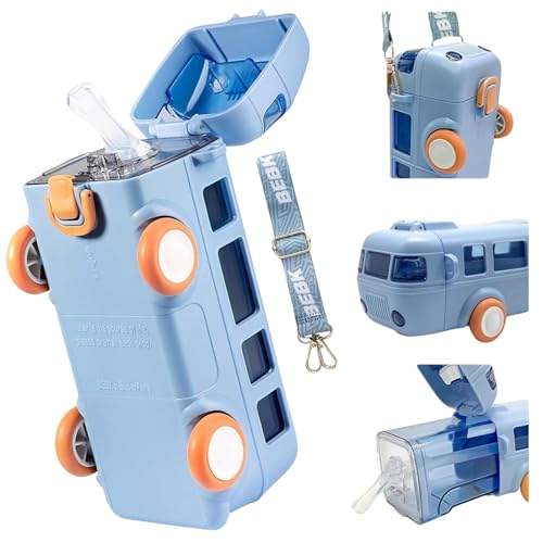 BIGXEN Bus Water Bottle for Kid with Straw and Sticker Sport Plastic Portable Drinking Bottle for Kids Girls School Supplies (BusBottle_Blue_500ml) - Image 1