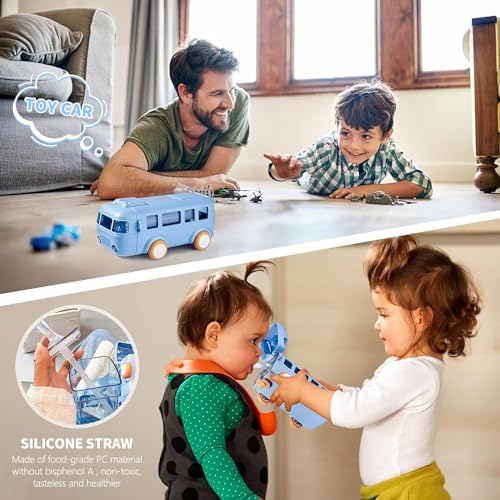 BIGXEN Bus Water Bottle for Kid with Straw and Sticker Sport Plastic Portable Drinking Bottle for Kids Girls School Supplies (BusBottle_Blue_500ml) - Image 2