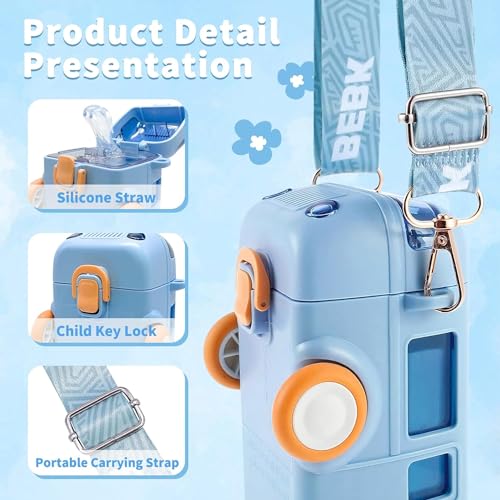 BIGXEN Bus Water Bottle for Kid with Straw and Sticker Sport Plastic Portable Drinking Bottle for Kids Girls School Supplies (BusBottle_Blue_500ml) - Image 3