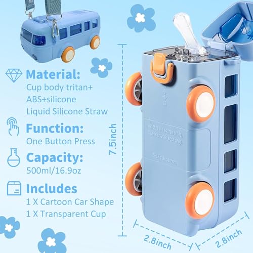 BIGXEN Bus Water Bottle for Kid with Straw and Sticker Sport Plastic Portable Drinking Bottle for Kids Girls School Supplies (BusBottle_Blue_500ml) - Image 5