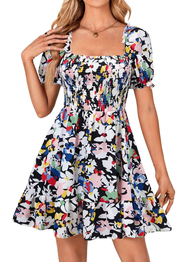 Rooscier Women's Summer Boho Floral Print Square Neck Smocked Ruffle Casual Sundress Mini Dress Multicolor Floral Small - Image 2
