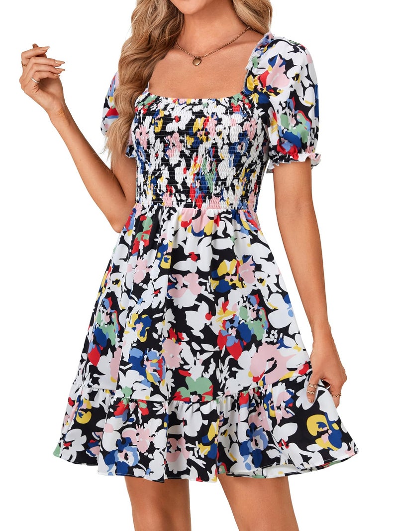Rooscier Women's Summer Boho Floral Print Square Neck Smocked Ruffle Casual Sundress Mini Dress Multicolor Floral Small - Image 3