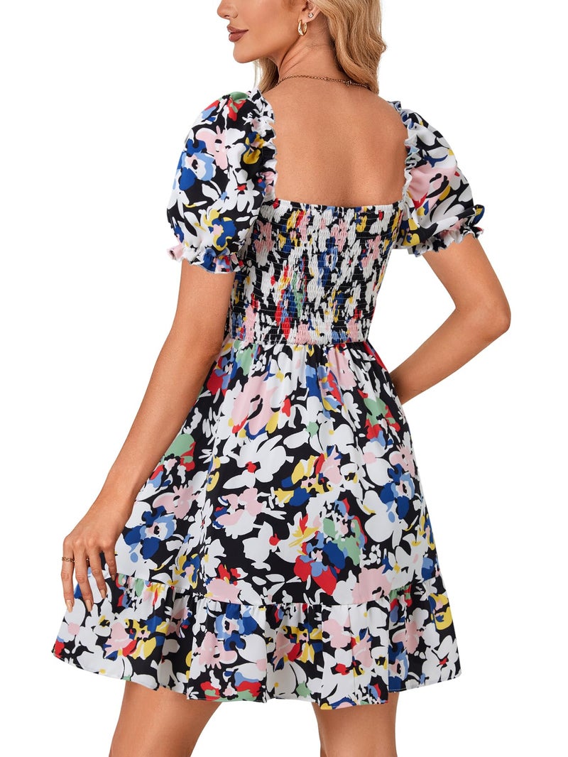 Rooscier Women's Summer Boho Floral Print Square Neck Smocked Ruffle Casual Sundress Mini Dress Multicolor Floral Small - Image 5