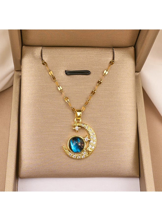 Enchanting Gold Tone Star and Moon Pendant Necklace with Blue Gemstone, Gold Plated Titanium Steel, Rhinestone Accents, Celestial Crescent Moon Design, Elegant and Mystical Style, Ideal for Evening Parties, Special Occasions, or Gifting, Exquisite Fashion Jewelry for Women