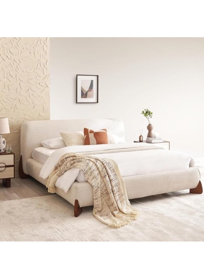 Generic UAE Homes Modern Upholstered Platform Bed Frame, Beige Linen Fabric with Wooden Legs (180 X 200)  - Image 1