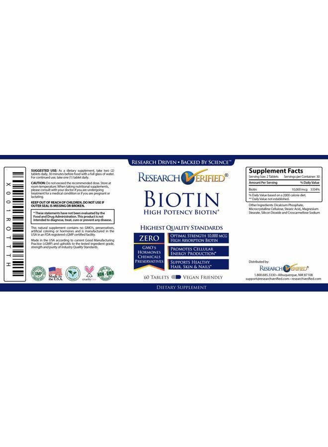 research verified Biotin – Pure Biotin Extra Strength 10,000mcg for Improved Hair, Skin and Nail Health - 360 Vegan Tablets - Image 2
