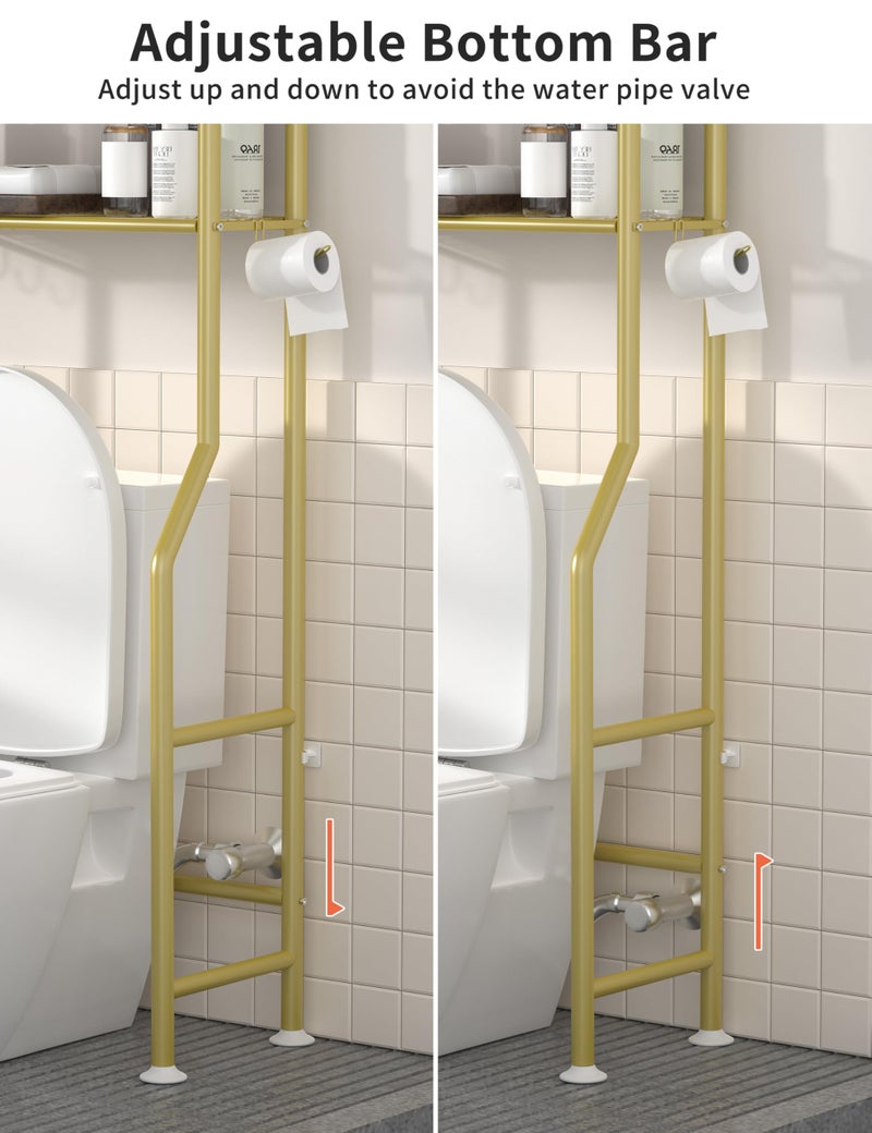 Livilord 3-Tier Over The Toilet Storage, Freestanding Metal Bathroom Shelves with 4 Hooks, Over Toilet Storage Shelf with Paper Holder, Above The Toilet Shelf for Bathroom Storage, Gold - Image 4