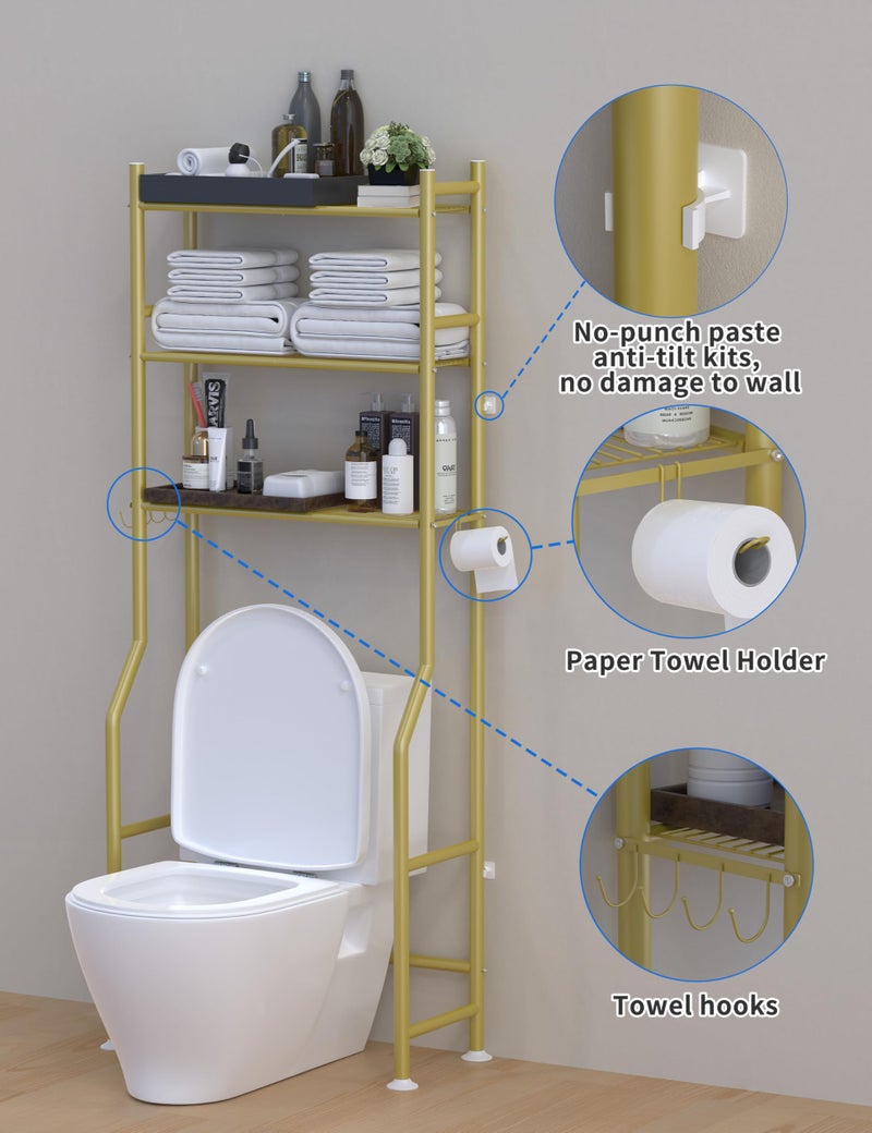 Livilord 3-Tier Over The Toilet Storage, Freestanding Metal Bathroom Shelves with 4 Hooks, Over Toilet Storage Shelf with Paper Holder, Above The Toilet Shelf for Bathroom Storage, Gold - Image 2