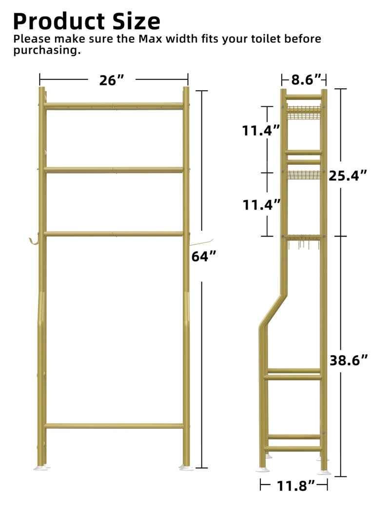 Livilord 3-Tier Over The Toilet Storage, Freestanding Metal Bathroom Shelves with 4 Hooks, Over Toilet Storage Shelf with Paper Holder, Above The Toilet Shelf for Bathroom Storage, Gold - Image 5