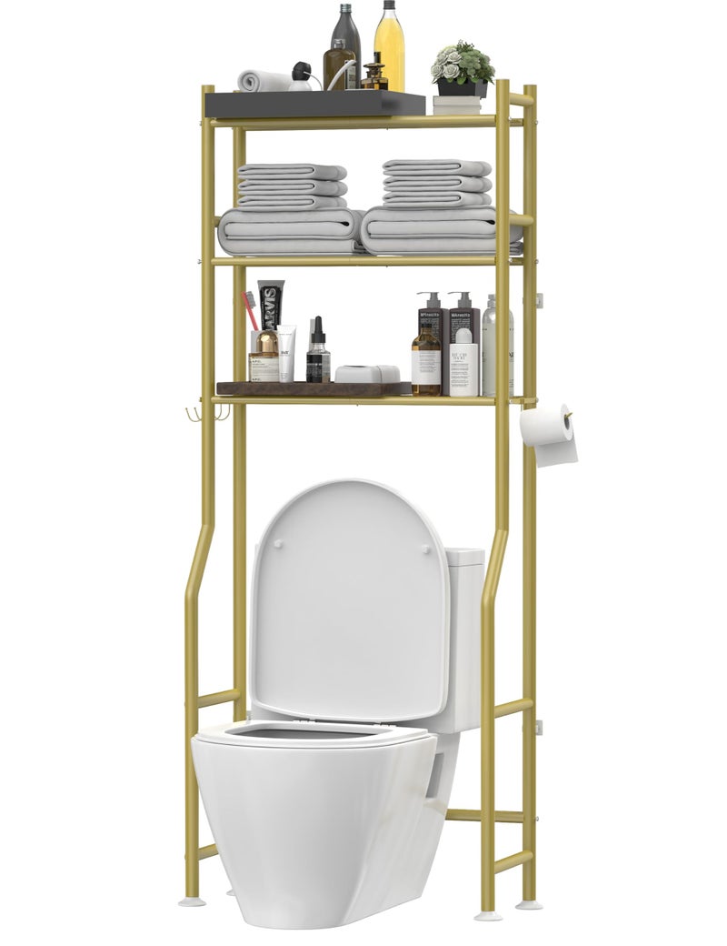 Livilord 3-Tier Over The Toilet Storage, Freestanding Metal Bathroom Shelves with 4 Hooks, Over Toilet Storage Shelf with Paper Holder, Above The Toilet Shelf for Bathroom Storage, Gold - Image 1