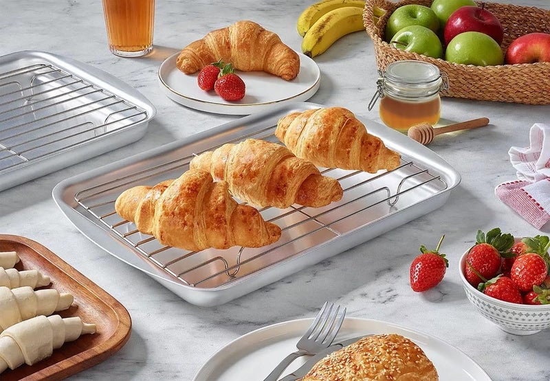 ALAhram Classic Aluminum Baking Set with S-Rack – 3-Piece Professional Bakeware & Roasting Tray Set (35cm & 40cm Trays + Versatile S-Rack) – Perfect for Baking, Grilling, & Draining