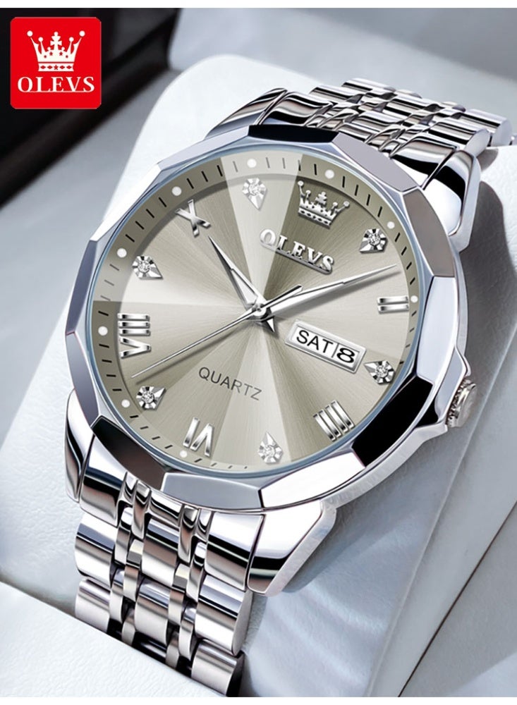 Business Quartz Watch for Men Dual Calendar Luxury Diamond Dial Waterproof Stainless Steel Strap Men Wristwatch - view 2