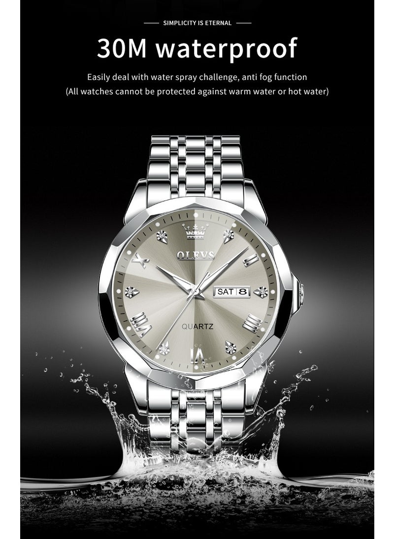 Business Quartz Watch for Men Dual Calendar Luxury Diamond Dial Waterproof Stainless Steel Strap Men Wristwatch - view 5