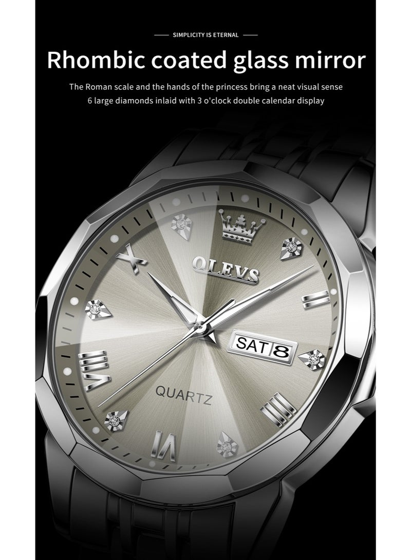 Business Quartz Watch for Men Dual Calendar Luxury Diamond Dial Waterproof Stainless Steel Strap Men Wristwatch - view 4