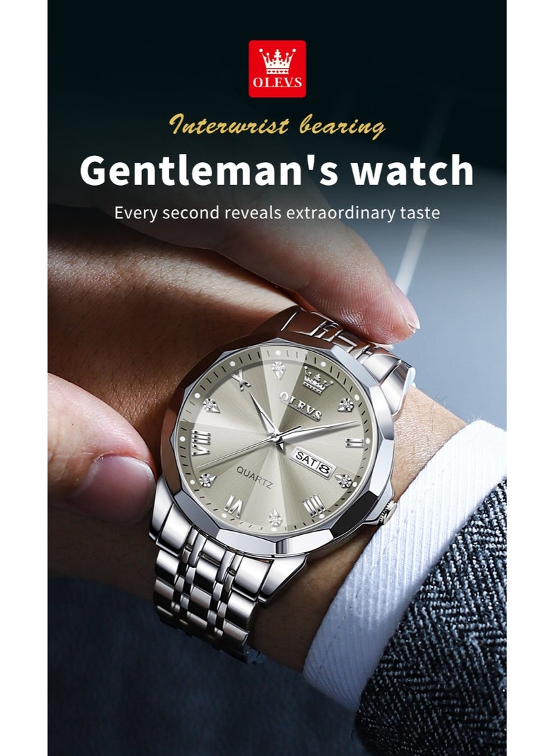 Business Quartz Watch for Men Dual Calendar Luxury Diamond Dial Waterproof Stainless Steel Strap Men Wristwatch - view 3