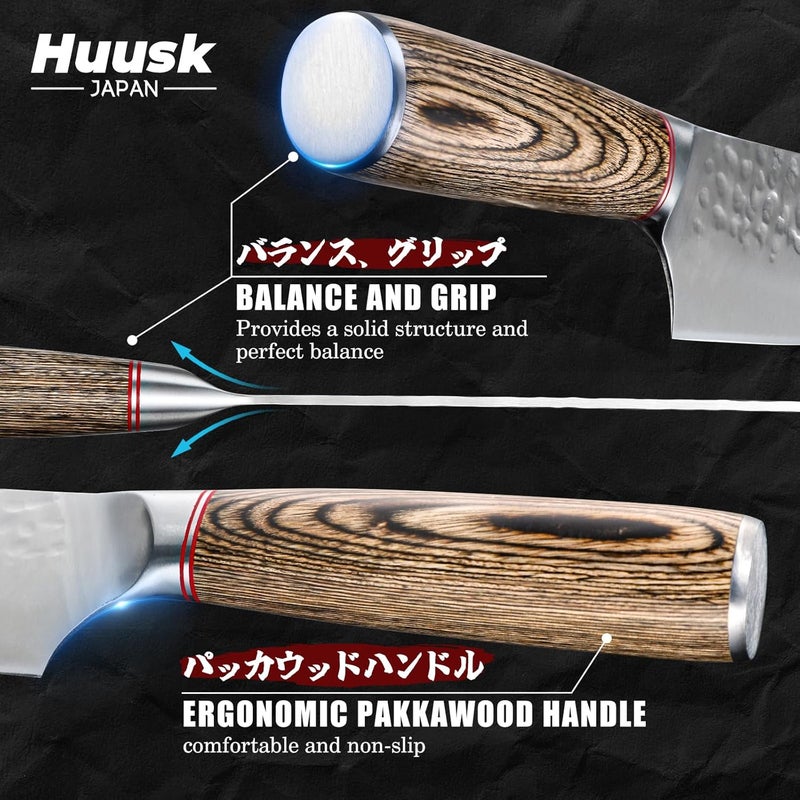 Huusk Japanese Kitchen Knife Set, 3-Piece Professional Chef Knives Set for Kitchen, Hand Forged Butcher Knife Set for Meat Cutting, Meat Cleaver Boning Knife with Pakkawood Handle, Gift for Men - Image 5