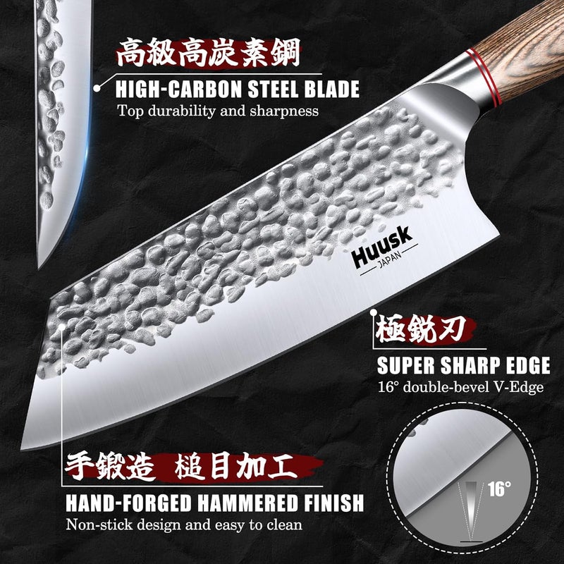 Huusk Japanese Kitchen Knife Set, 3-Piece Professional Chef Knives Set for Kitchen, Hand Forged Butcher Knife Set for Meat Cutting, Meat Cleaver Boning Knife with Pakkawood Handle, Gift for Men - Image 4