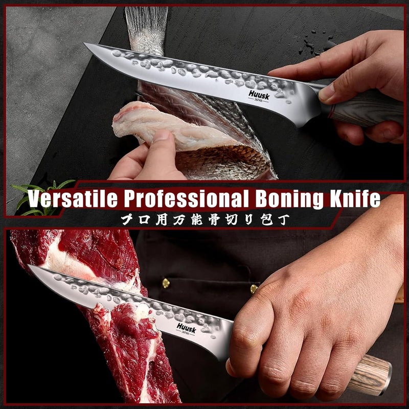Huusk Japanese Kitchen Knife Set, 3-Piece Professional Chef Knives Set for Kitchen, Hand Forged Butcher Knife Set for Meat Cutting, Meat Cleaver Boning Knife with Pakkawood Handle, Gift for Men - Image 3