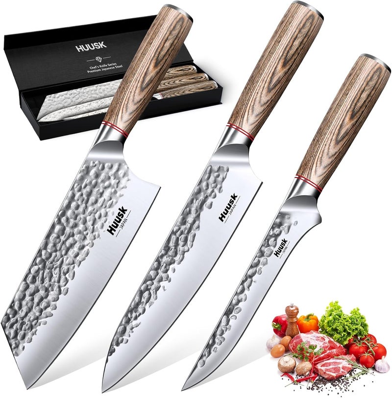 Huusk Japanese Kitchen Knife Set, 3-Piece Professional Chef Knives Set for Kitchen, Hand Forged Butcher Knife Set for Meat Cutting, Meat Cleaver Boning Knife with Pakkawood Handle, Gift for Men - Image 1