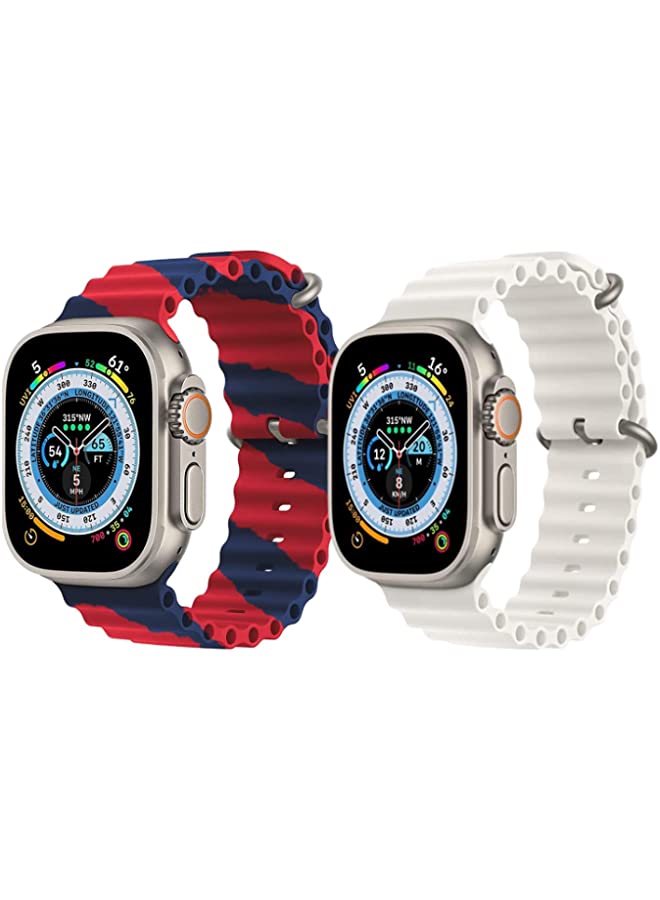 IAF Silicone Ocean Band Strap for Apple Watch Ultra 8 49mm Red/Blue Double Line Strap with White Single Color Strap Set of 2