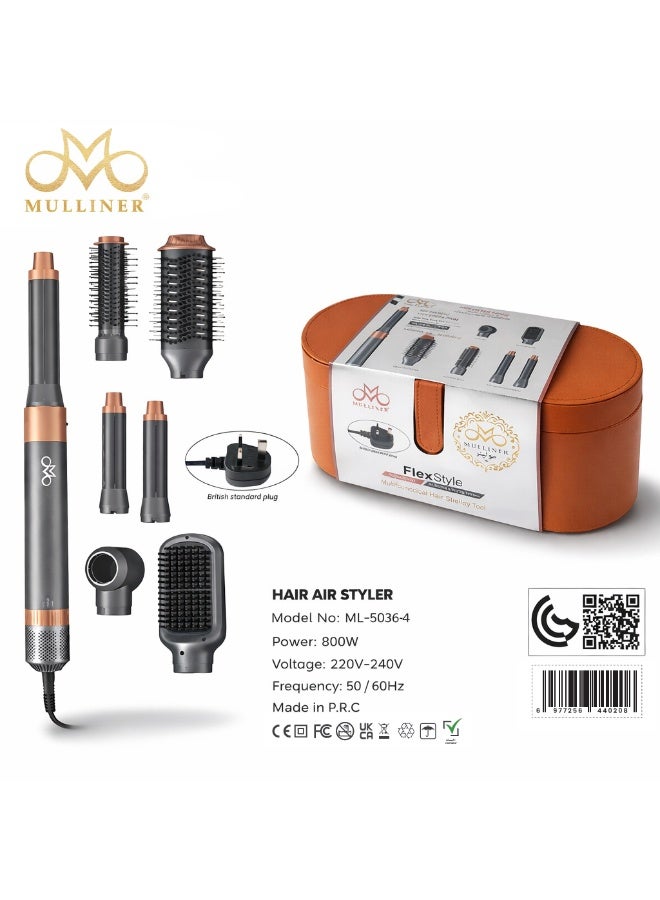 MULLINER مجفف شعر مولينر ML-5036-4 فليكس ستايل سوبر سونيك 6 في 1 | 800 واط مصفف هواء ساخن | نظام تحكم هواء كامل طويل | مجموعة تجعيد الشعر بحجم كبير | قابس بريطاني - Image 1