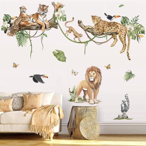 decalmile Large Jungle Animals Tree Branch Wall Stickers Safari Lion Leopard Tiger Wall Decals Baby Nursery Kids Room Playroom Wall Decor XL - Image 3