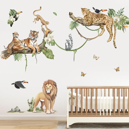 decalmile Large Jungle Animals Tree Branch Wall Stickers Safari Lion Leopard Tiger Wall Decals Baby Nursery Kids Room Playroom Wall Decor XL - Image 1