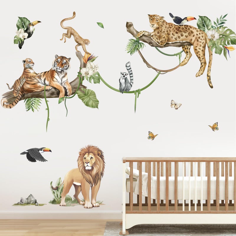 decalmile Large Jungle Animals Tree Branch Wall Stickers Safari Lion Leopard Tiger Wall Decals Baby Nursery Kids Room Playroom Wall Decor XL - Image 2