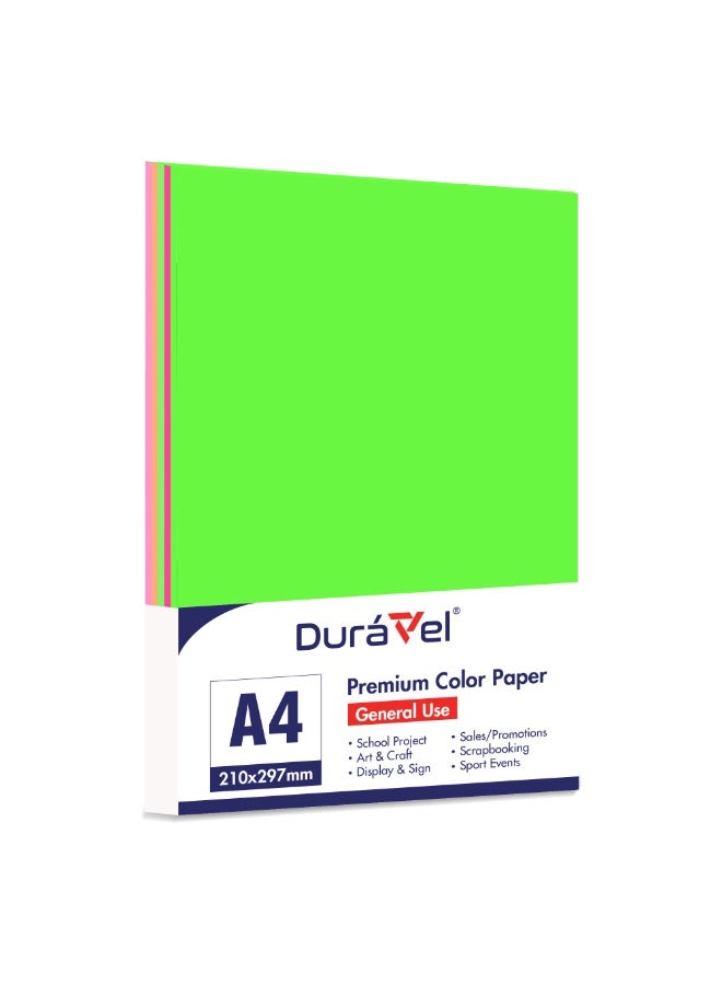 Duravel Neon Coloured Card Paper 100 Sheets, Assorted Fluorescent Colours, Pink, Orange, Green, A4 Size - Image 3