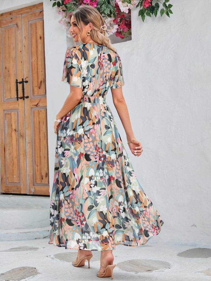 Simplee Apparel Simplee Women Floral Boho Maxi Dress Spring Wedding Guest Empire Waist V Neck Short Sleeve Long Flowy Dresses (L Green Pink Floral) - Image 4