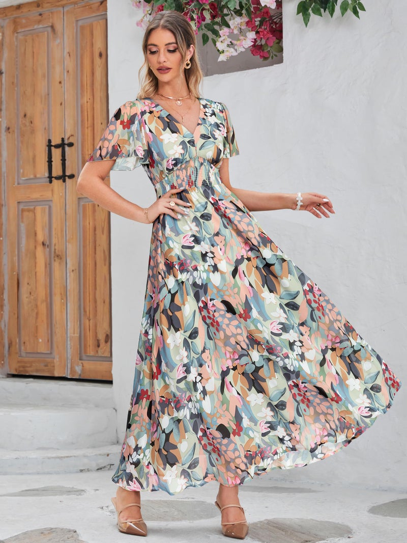 Simplee Apparel Simplee Women Floral Boho Maxi Dress Spring Wedding Guest Empire Waist V Neck Short Sleeve Long Flowy Dresses (L Green Pink Floral) - Image 3