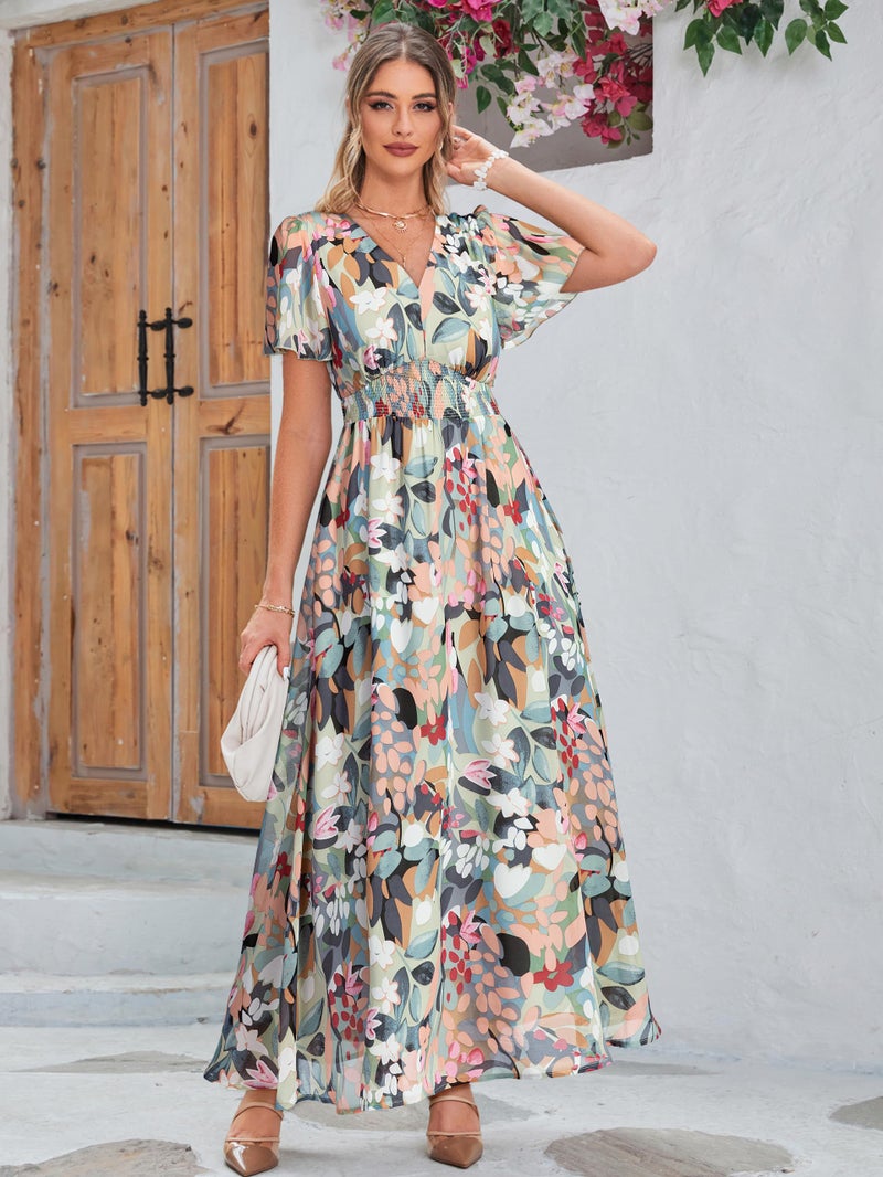 Simplee Apparel Simplee Women Floral Boho Maxi Dress Spring Wedding Guest Empire Waist V Neck Short Sleeve Long Flowy Dresses (L Green Pink Floral) - Image 2