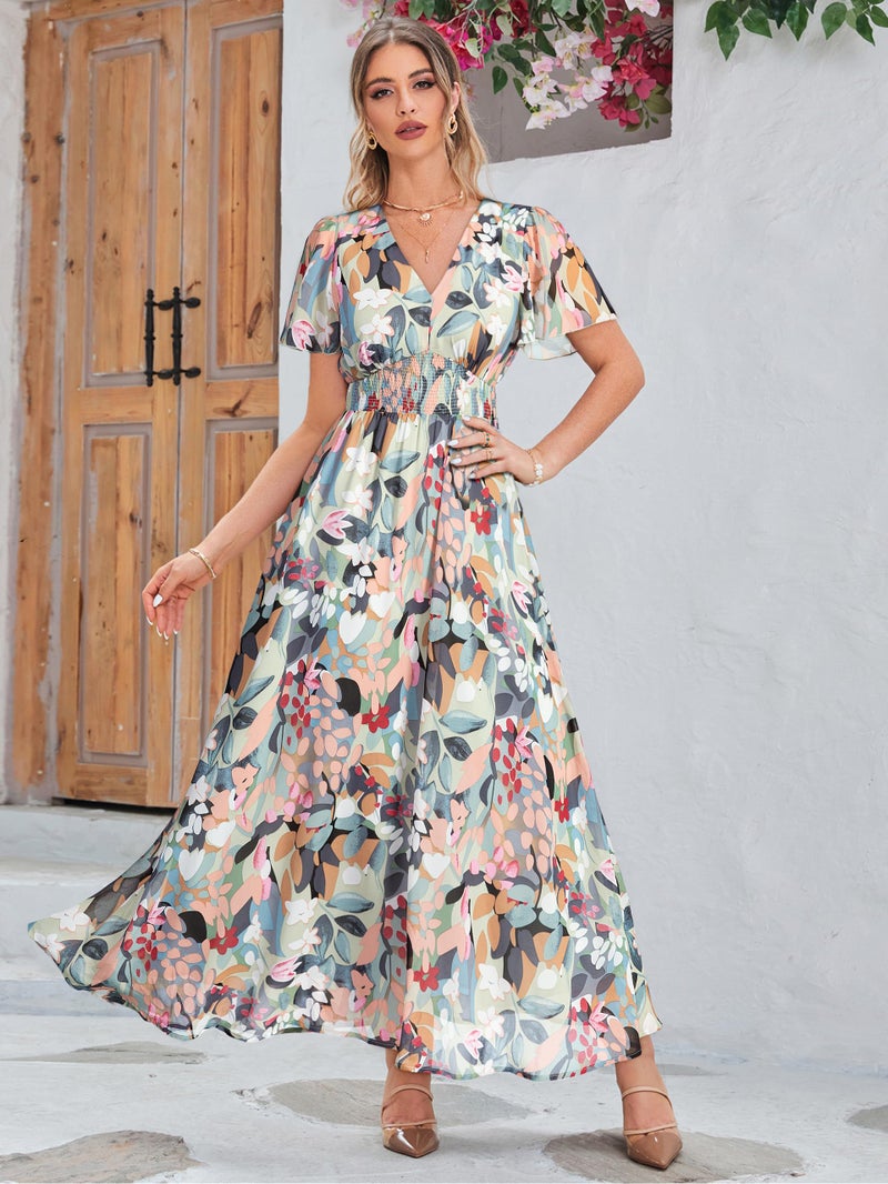 Simplee Apparel Simplee Women Floral Boho Maxi Dress Spring Wedding Guest Empire Waist V Neck Short Sleeve Long Flowy Dresses (L Green Pink Floral) - Image 5