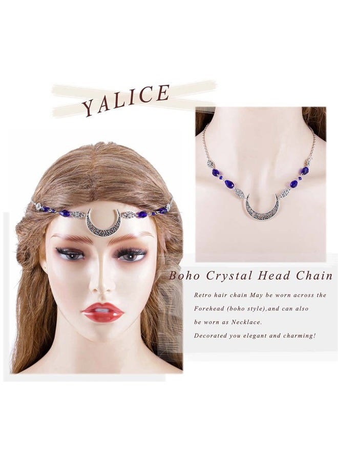 Yalice Boho Crescent Moon Head Chain Vintage Black Crystal Headband Chain Rhinestone Headpieces Witchy Forehead Chain for Women (Silver-Blue, One Size) - Image 3