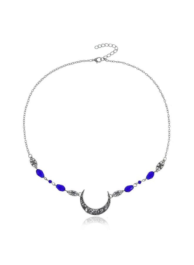 Yalice Boho Crescent Moon Head Chain Vintage Black Crystal Headband Chain Rhinestone Headpieces Witchy Forehead Chain for Women (Silver-Blue, One Size) - Image 1