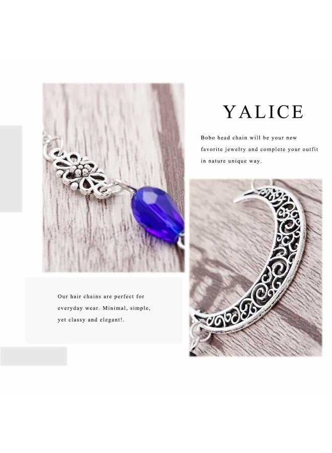 Yalice Boho Crescent Moon Head Chain Vintage Black Crystal Headband Chain Rhinestone Headpieces Witchy Forehead Chain for Women (Silver-Blue, One Size) - Image 4