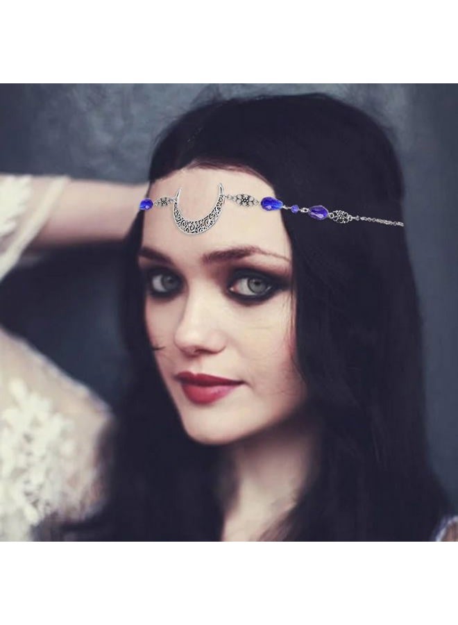 Yalice Boho Crescent Moon Head Chain Vintage Black Crystal Headband Chain Rhinestone Headpieces Witchy Forehead Chain for Women (Silver-Blue, One Size) - Image 2