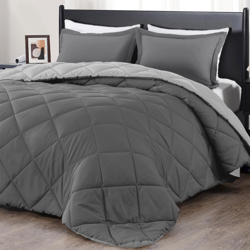 downluxe King Size Comforter Set - Charcoal and Grey King Comforter, Soft Bedding Sets for All Seasons -3 Pieces - 1 Comforter (104"x92") and 2 Pillow Shams(20"x36") - Image 1