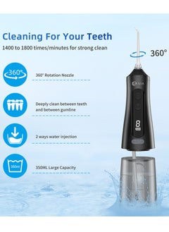 Reva Cordless Water Flosser For Teeth Cleaning Portable Oral Irrigator With 9 Gear Options Scalable 4 Jet Tips IPX7 Waterproof Long-lasting Dental Floss Pick Tool Kit 350ML-Black  - Image 3